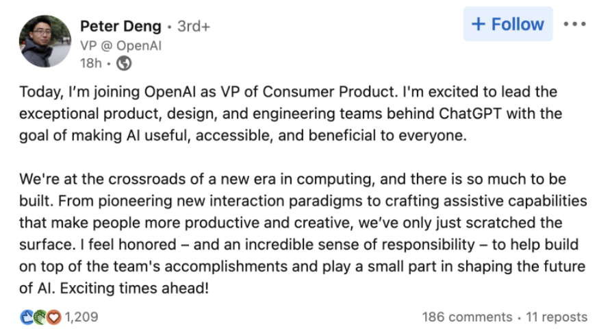 ChatGPT任命华人产品负责人PeterDeng，OpenAI再添一位斯坦福毕业精英